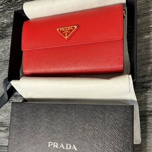 Red Saffiano Prada Wallet with Shoulder Strap